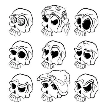 Vector set of contour skull illustrations for Halloween with emotions on a wh Stock Illustration