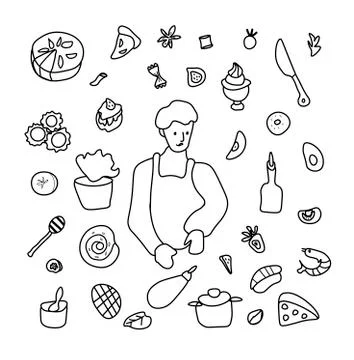 Vector set by a cooking boy. Clip art food illustrations Stock Illustration