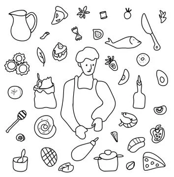 Vector set by a cooking boy. Clip art food illustrations Stock Illustration