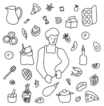 Vector set by a cooking boy. Clip art food illustrations Stock Illustration