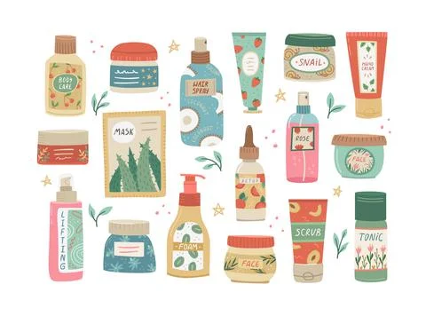 Vector set of cosmetics for face and body care. Beauty industry, home care. Illustrazione stock