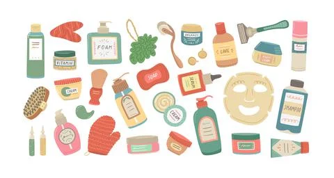 Vector set of cosmetics for face and body care. Beauty industry, home care. Illustrazione stock
