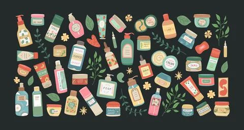 Vector set of cosmetics for face and body care. Beauty industry, home care. 스톡 일러스트