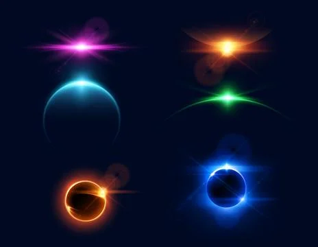 Vector set with cosmic colorful glow, sunrise and eclipse. Stock Illustration