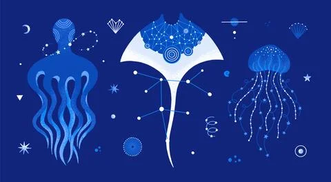Vector set of cosmic underwater life. Isolated textured stingray, jellyfish,  스톡 일러스트