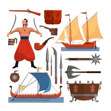 Vector set of Cossacks objects, icons and design elements in flat style. Coss Stock Illustration
