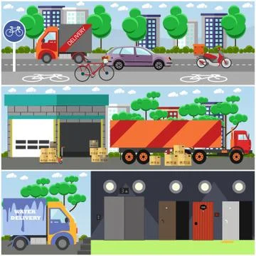Vector set of courier service posters, banners in flat style Stock Illustration