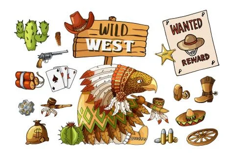 Vector Set Cowboy and Wild West Labels and Sticker Elements in Cartoon Style 스톡 일러스트
