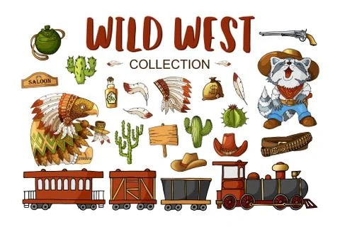 Vector Set Cowboy and Wild West Labels and Sticker Elements in Cartoon Style Illustrazione stock