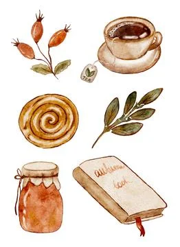 Vector set of cozy autumn design elements, watercolor book and cup of tea Stock Illustration
