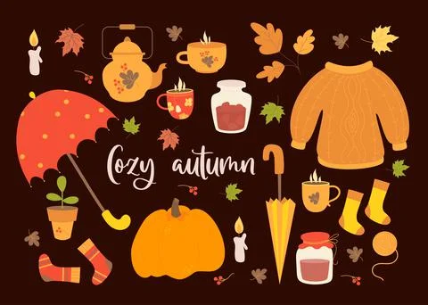 Vector set cozy autumn. Umbrella, sweater and knitted socks, jar of jam, cup Stock Illustration