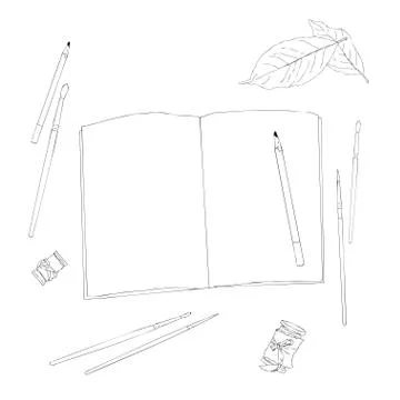 Vector set of creative working tools notebook, pen, tapes, brushes. Office desk Stock Illustration