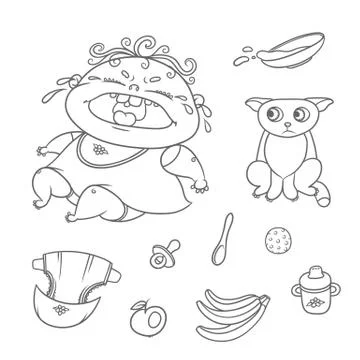 Vector set crying child and scared kitten. Chubby curly kid and cat. Baby bottle Stock Illustration