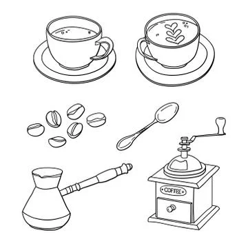 Vector set with cups of coffee, coffee beans, coffee maker, coffee grinder Illustrazione stock