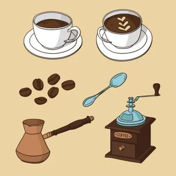 Vector set with cups of coffee, coffee beans, coffee maker, coffee grinder Stock Illustration
