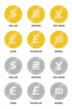 Vector set of currency signs in gold and silver color Stock Illustration