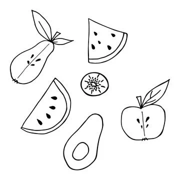 Vector set of cut fruits in doodle style Stock Illustration