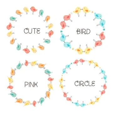 Vector Set Of Cute Bird Round Frames For Decoration. Vector Illustration. Illustrazione stock
