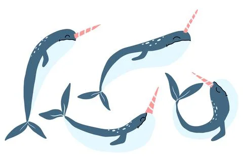 Vector set of cute blue narwhals. Stock Illustration