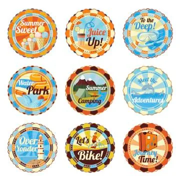 Vector set of cute bright summer icons with slogans. Icecream, cocktail, diving Stock Illustration