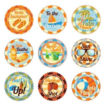 Vector set of cute bright summer badges with slogans. Slippers, yacht, palms Stock Illustration