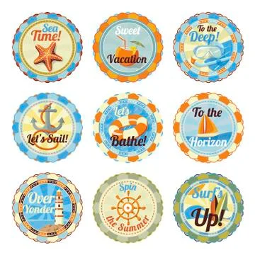 Vector set of cute bright summer badges with slogans Stock Illustration