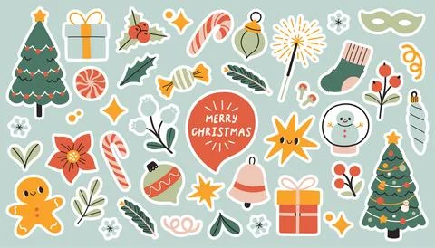 Vector set of cute Christmas stickers with festive elements trees, gifts, candy イラスト素材