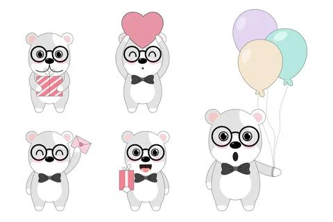 Vector set of cute dog with gift box, card and balloons. Stock Illustration