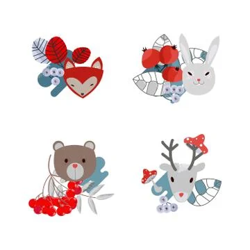 Vector set cute forest elements. Animals and trees. Deer, bear, hare, mushrooms Stock Illustration