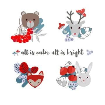 Vector set cute forest elements. Animals and trees. Deer, bear, hare, mushrooms 스톡 일러스트