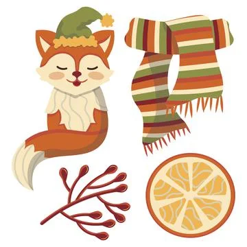 Vector set of cute fox in hat orange balls new year christmas 库存插图