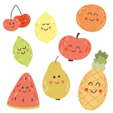 Vector set of cute fruits. Funny kawaii fruit characters isolated on white Stock Illustration