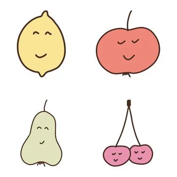 Vector set of cute fruits. Funny kawaii fruit characters isolated on white Stock Illustration