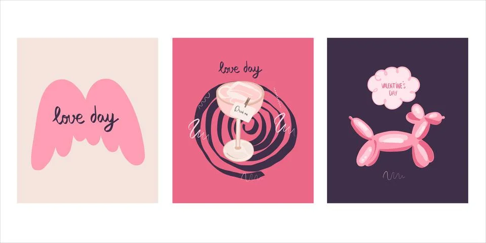 Vector set of cute greeting cards for valentine's day, hand drawn design elem Stock Illustration