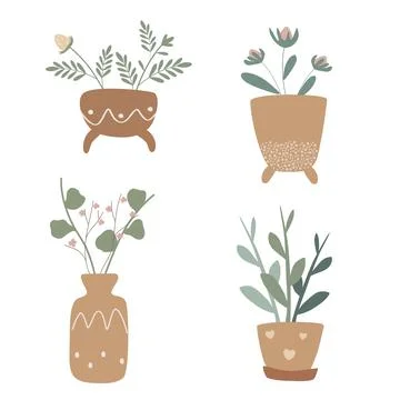 Vector set of cute houseplants in brown pots with ornaments. Home decoration, Stock Illustration