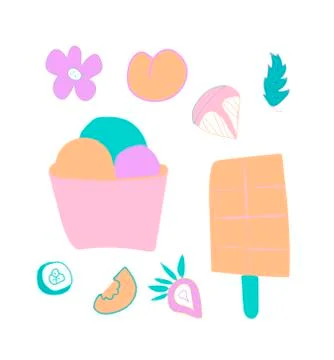 Vector set of cute ice cream, strawberry and orange. Clip art food illustrati Stock Illustration