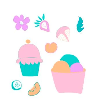 Vector set of cute ice cream, strawberry and orange. Clip art food illustrati Stock Illustration