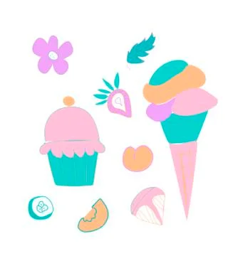 Vector set of cute ice cream, strawberry and orange. Clip art food illustrati Stock Illustration