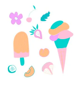 Vector set of cute ice cream, strawberry and orange. Clip art food illustrati Stock Illustration