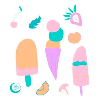 Vector set of cute ice cream, strawberry and orange. Clip art food illustrati Stock Illustration