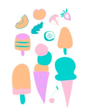 Vector set of cute ice cream, strawberry and orange. Clip art food illustrati Stock Illustration