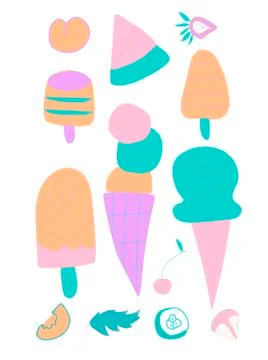 Vector set of cute ice cream, strawberry and orange. Clip art food illustrati Stock Illustration