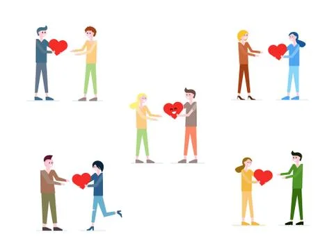 Vector set of cute illustration, people giving love, red heart to each other Stock Illustration