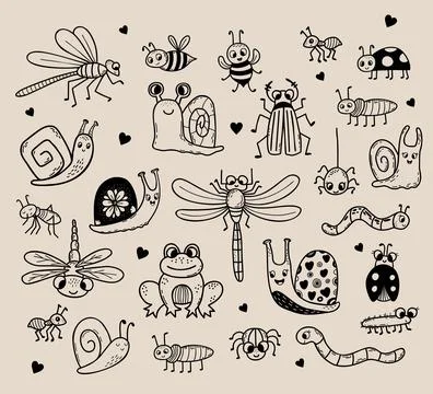 Vector set of cute insect doodles. Linear hand drawing. Funny characters insects Stock Illustration
