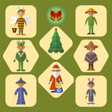 Vector set of cute kids in masquerade costumes, flat design Stock Illustration