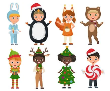 Vector Set of cute kids wearing Christmas clothes costumes. Stock Illustration