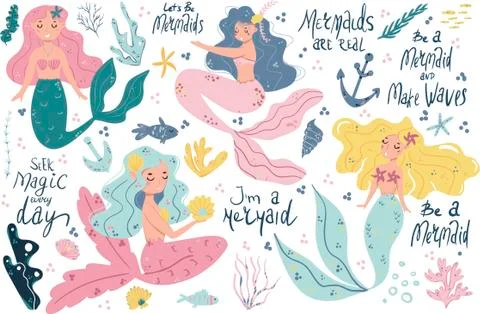 Vector set of cute mermaids and sea plants. Funny cartoon characters and corals Stock Illustration