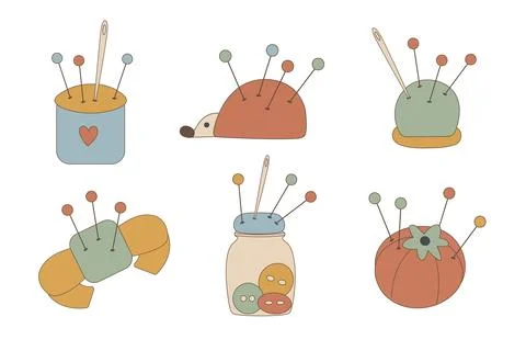 Vector set of cute pincushions in various shapes, with pins, sewing needles.. Stock Illustration