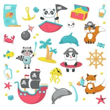Vector set of cute pirate animals and marine items Stock Illustration
