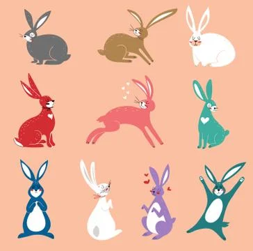 Vector set of cute rabbits in cartoon style. Rabbits in cartoon style. Vector Stock Illustration